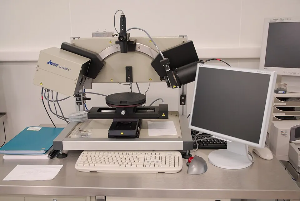 Laboratory ellipsometer with source and detector arms on either side of the sample stage