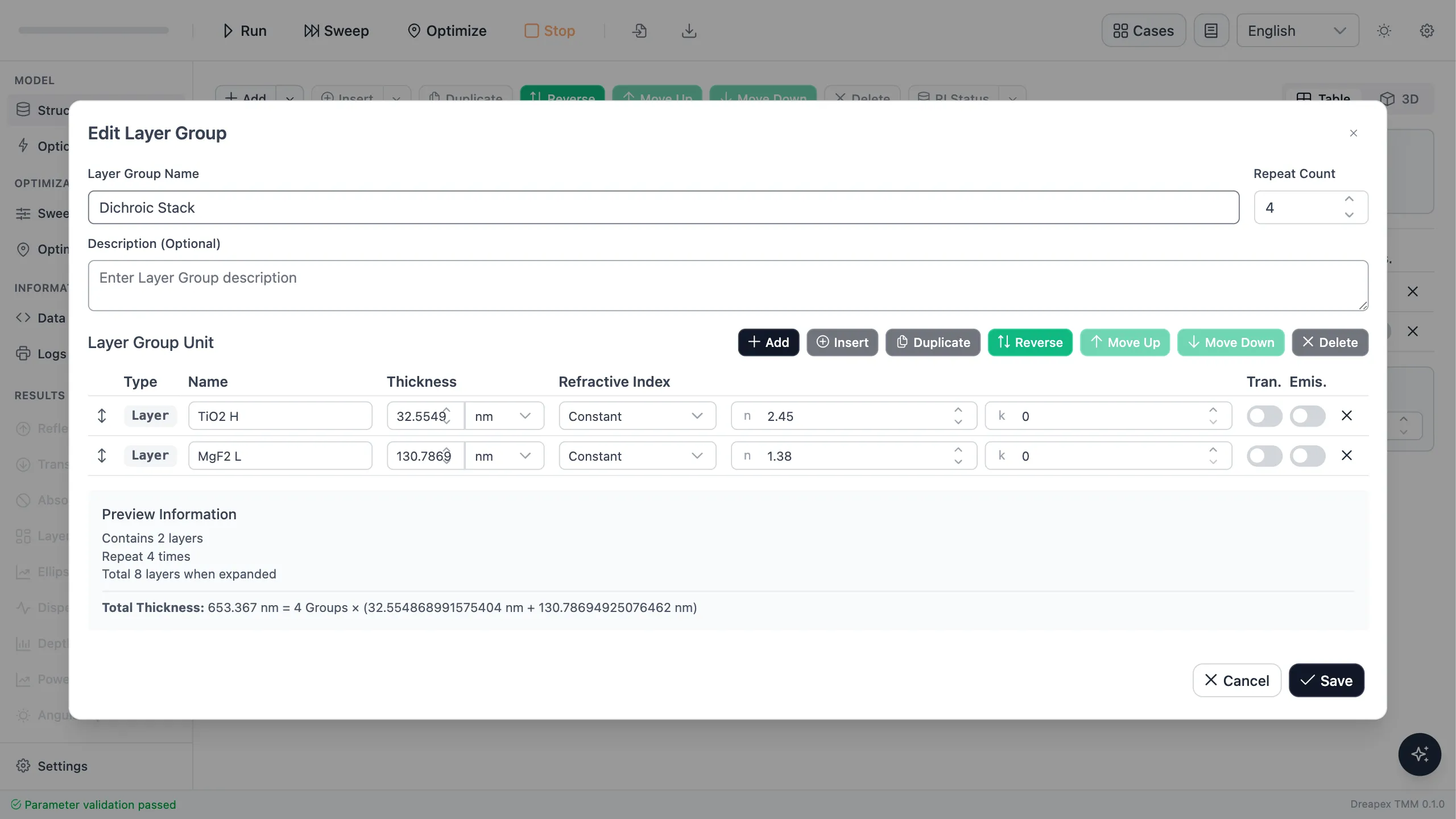 Edit Group dialog for the four-pair dichroic stack