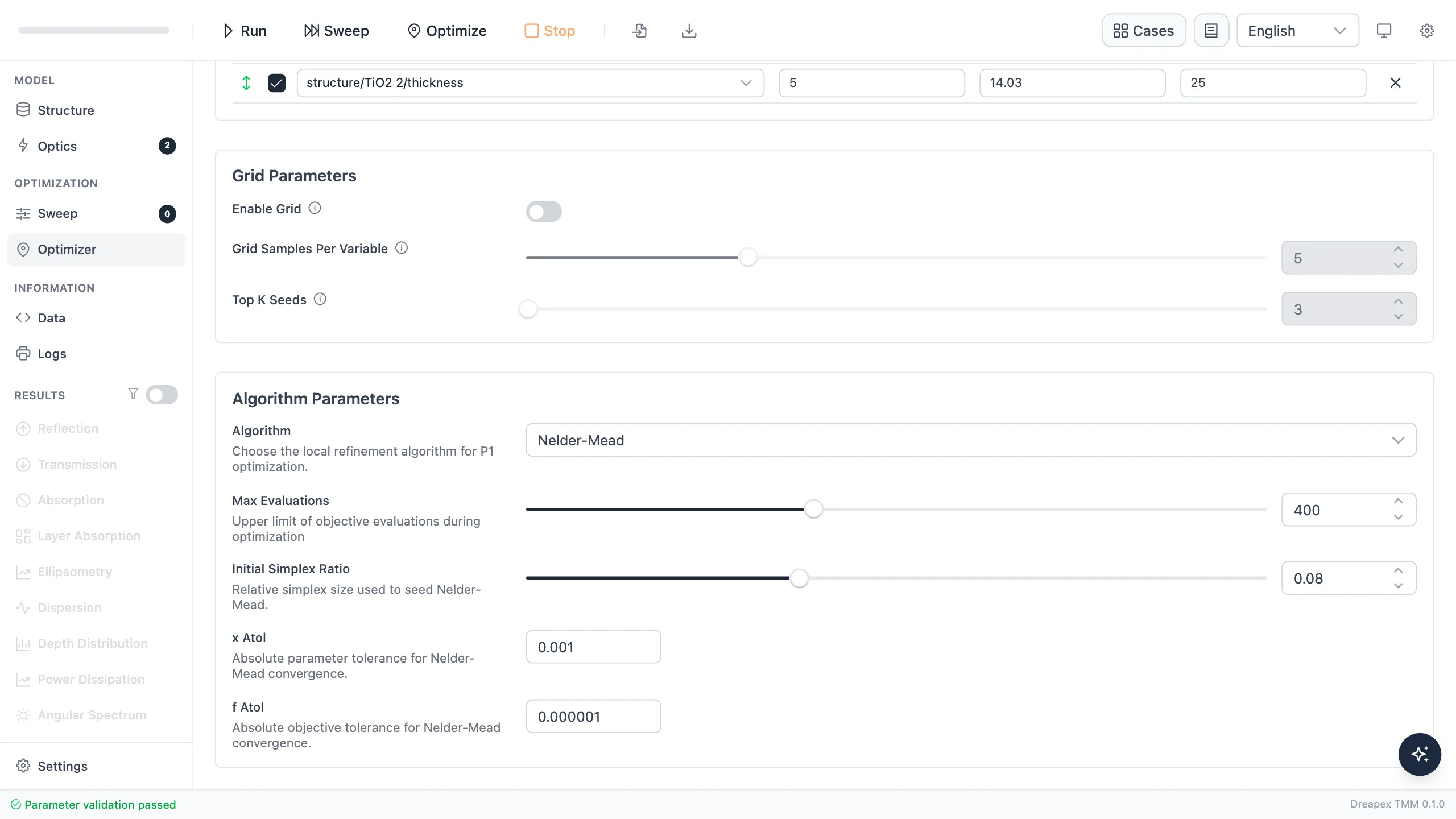Broadband AR optimizer algorithm settings showing Nelder-Mead and the evaluation budget