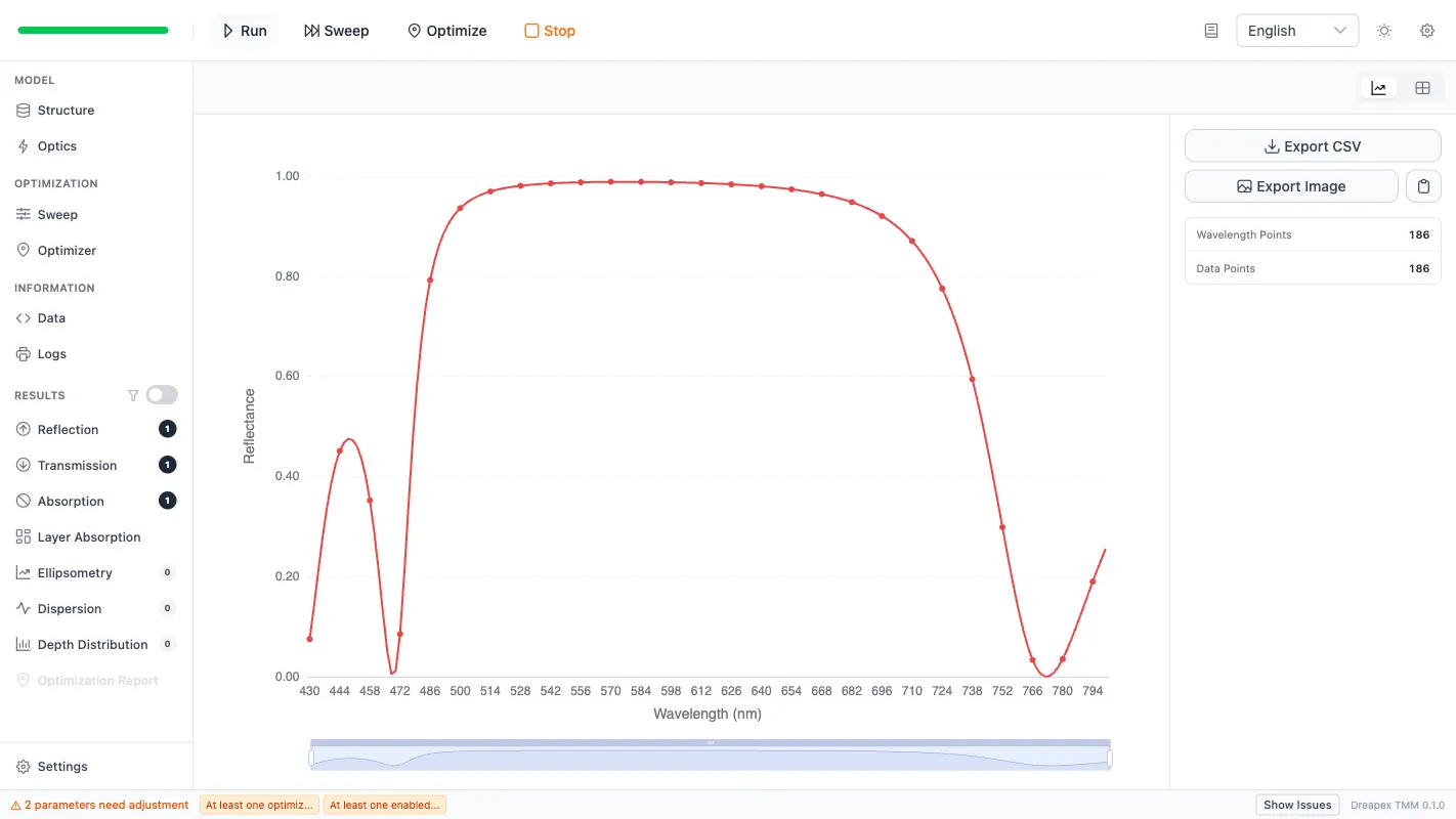 DBR reflectance result — visible stopband