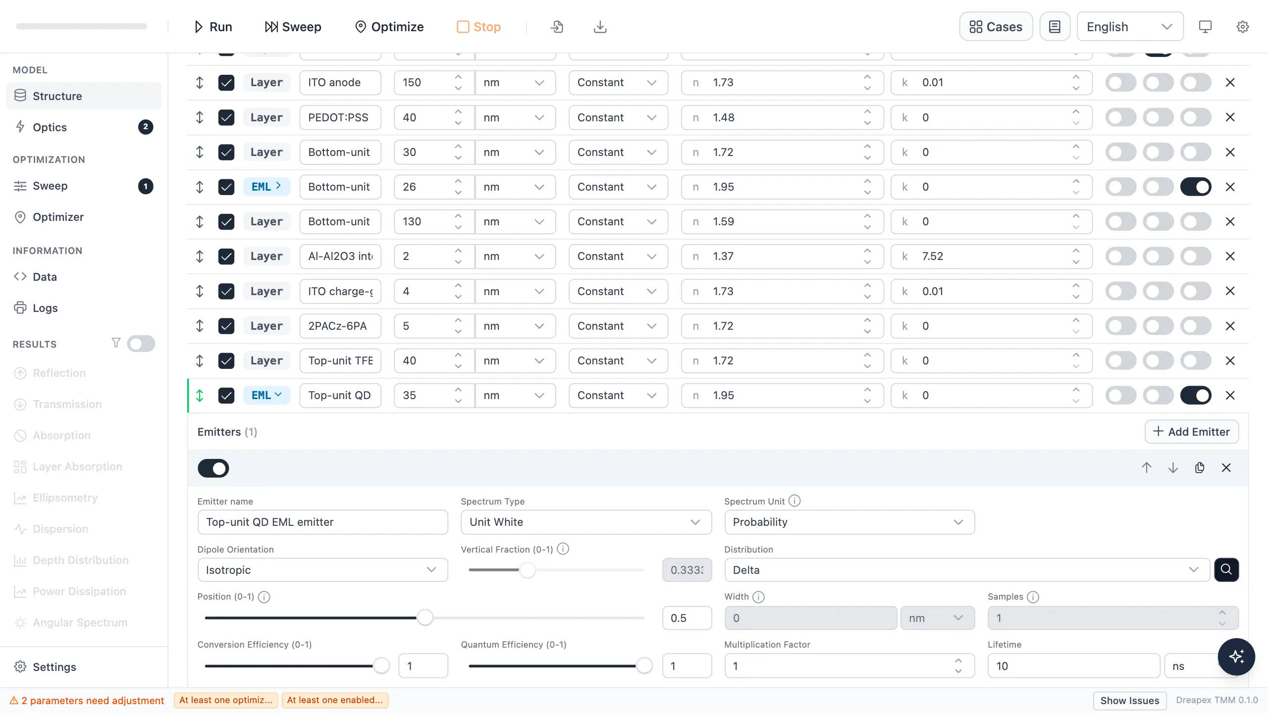 Top-unit QD emitter settings